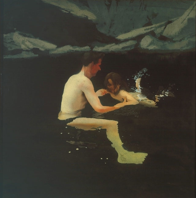 Michael Andrews. Melanie and Me Swimming, 1978-9. Acrylic paint on canvas, 195.5 x 195.9 x 7.7 cm. Tate. © The estate of Michael Andrews.