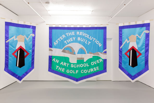 Chris Alton. After The Revolution They Built An Art School Over The Golf Course, 2017. Textiles, 215 x 105 cm, 225 x 220 cm, 215 x 105 cm. Image courtesy of Tim Bowditch.