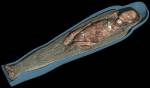 CT scan 3D visualisation of the mummified remains of Tayesmutengebtiu, also called Tamut, showing a section through the cartonnage and wrappings. © Trustees of the British Museum.