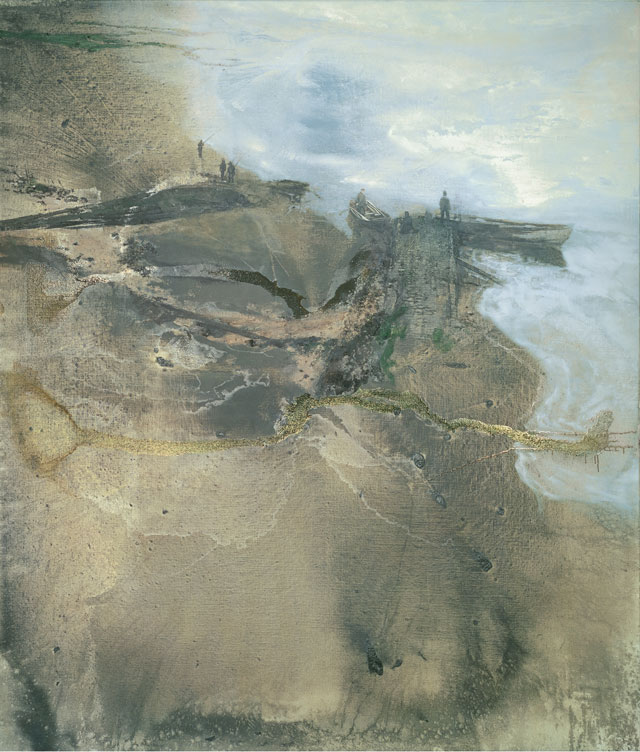 Michael Andrews. Thames Painting: The Estuary, 1994 – 1995. Oil and mixed media on canvas, 219.8 x 189.1 cm (86 9/16 × 74 7/16 in). Collection of Pallant House Gallery. © The Estate of Michael Andrews, courtesy James Hyman Gallery, London. Photograph: Mike Bruce/Gagosian