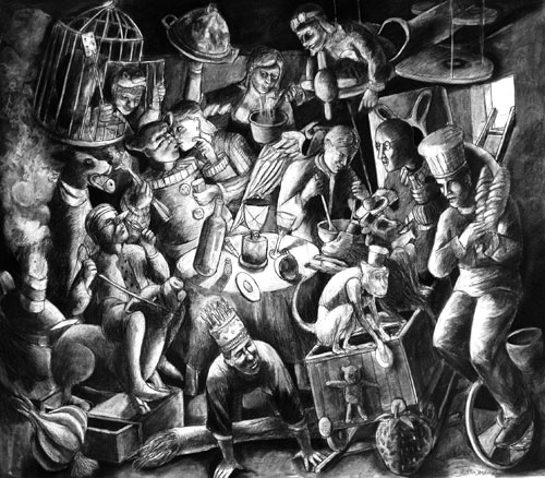 <p>Andrew Antoniou. <em>Familiar feasting</em>, 2009. Charcoal and conté on paper, 118 x 136 cm. © the artist.