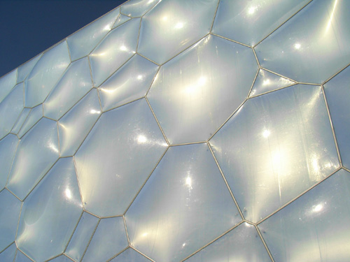 The ETFE pillows looking metallic silver.