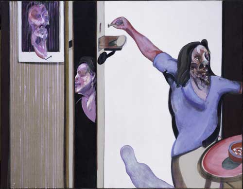 <i>Three Studies of Isabel Rawsthorne</i>, 1967. Oil on canvas (triptych). 
        Three panels, each 35.5 x 30.5 cm. Private collection © The Estate 
        of Francis Bacon / DACS, London, 2005