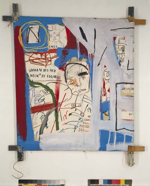 Jean-Michel Basquiat, 3 Quarters of Olympia Minus the Servant 1982. Acrylic, oil paintstick, graphite, and paper collage on canvas mounted on tied wood supports 48 x 44 in. (121.9 x 111.8 cm). The Estate of Jean-Michel Basquiat