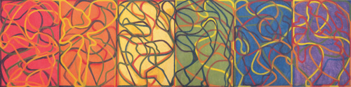 Brice Marden. <em>The Propitious Garden of Plane Image</em>, <em>Third Version</em> 
(Photographed unfinished in May 2006)
2000-06. Oil on linen. Six panels, overall 72 x 288 in (182.9 x 731.5 cm).
Collection the artist. Courtesy Matthew Marks Gallery, New York
© 2006 Brice Marden/Artists Rights Society (ARS), New York.