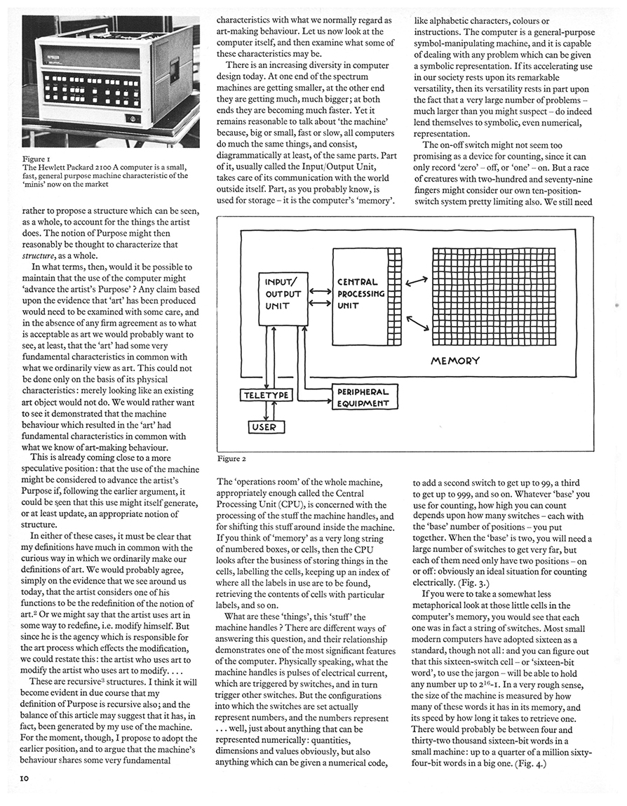 On Purpose: An enquiry into the possible roles of the computer in art. Studio International, Vol 187, No 962, January 1974, page 10.