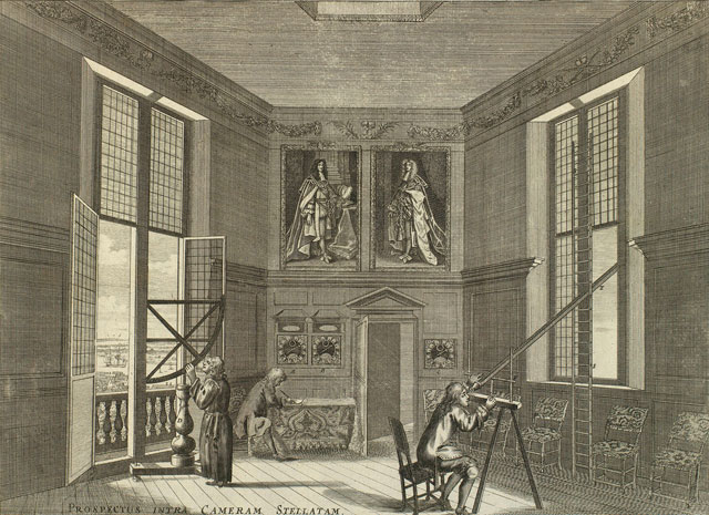 Francis Place, after Robert Thacker, Prospectus Intra Cameram Stellatam, 1676, showing astronomers at work in the Royal Observatory. Etching, 22.2 x 30.2 cm (plate mark); 25.4 x 35.1 cm (sheet). Royal Collection Trust © Her Majesty Queen Elizabeth II.