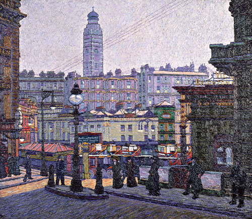 Charles Ginner. The Sunlit Square, Victoria Station, 1913. Oil on canvas,  870 x 100 x 780 mm. Atkinson Art Gallery, Southport, Sefton M.B.C. © The estate of Charles Ginner 