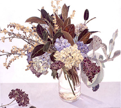 Cressida Campbell,<i> Hydrangeas with Magnolia leaves</i>, 2005. Picture 
        credit: Nevill Keating Pictures