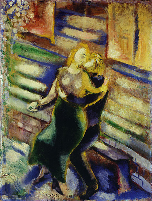 Marc Chagall.  Lovers on a Bench, 1911.  Oil on paper mounted on canvas,  45.5 x 35 cm.  Private collection © ADAGP Paris and DACS, London 2013.