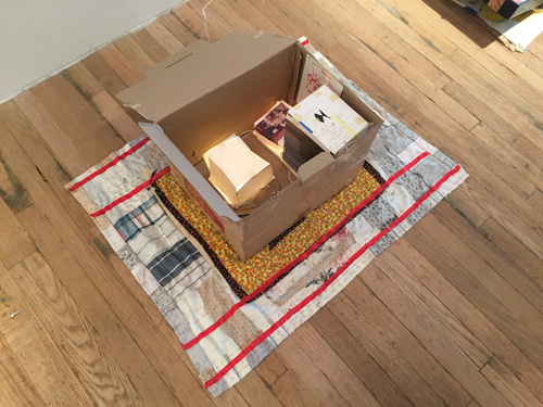 Susan Cianciolo. Hologram Box, 2002-15. Digital photo prints by Wallace Lester, ink on paper drawing from Small Things & Games, gloves, tulle bag, pin accessories on 1973 vintage family heirloom quilt, 13 x 36 x 27 in (33.02 x 91.44 x 68.58 cm). Unique. Photograph: Harry Hughes.