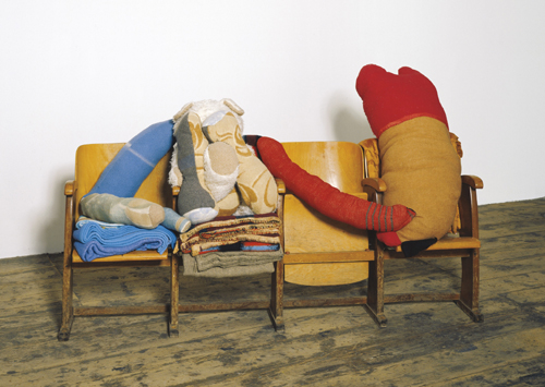 Berlinde De Bruyckere.<em> Untitled,</em> 2003. Wooden cinema seats, fabric collage, and woolen blankets, 79 1/2 x 46 x 26 in. Heather and Tony Podesta Collection, Washington, D.C.