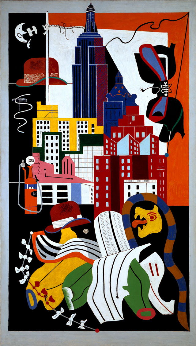 Stuart Davis. New York Mural, 1932. Oil on canvas, 84 x 48 in (213.4 x 122 cm). Norton Museum of Art, West Palm Beach, Florida; purchase, R. H. Norton Trust. © Estate of Stuart Davis / Licensed by VAGA, New York, NY.