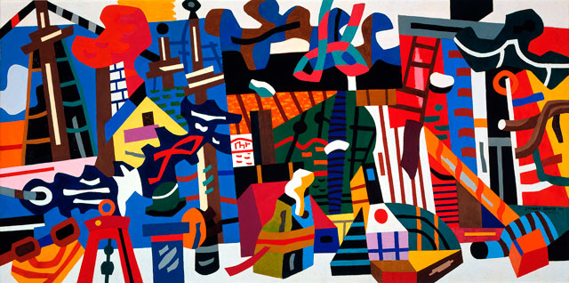 Stuart Davis. Swing Landscape, 1938. Oil on canvas, 86 3/4 x 173 1/8 in (220.3 x 400 cm). Indiana University Art Museum; allocated by the US Government, commissioned through the New Deal Art Projects. © Estate of Stuart Davis/Licensed by VAGA, New York.