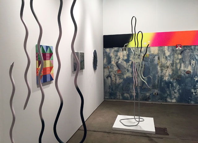 Installation view, Andrew Rafacz, showing artists J Michael Ford, Samantha Bittman, Daniel Shea and Wendy White, at EXPO Chicago 2017. Photograph: Harriet Thorpe.