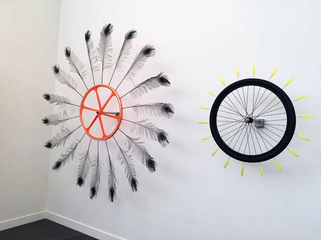 Paula Pivi. It was my choice, 2017, rubber, cast iron, engine, anser anser feathers (left); I am adopted, 2017, cast iron, engine, pavo cristatus feathers (right). Photograph: Jill Spalding.