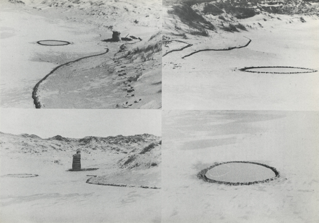 Barry Flanagan. Ring, line and easter bag ’67, 1967, Holywell Beach, Cornwall, as documented in Gerry Schum (Ed), LAND ART, Hartwig Popp, Hanover, 1970 © The Estate of Barry Flanagan, 2015.