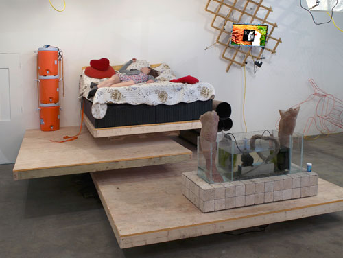 Ed Fornieles, Modern Family,  2014, installation view (5). Commissioned by Chisenhale Gallery. Courtesy of Carlos/ Ishikawa, London. Performer: Flora Wellesley Wesley. Photograph: Andy Keate.
