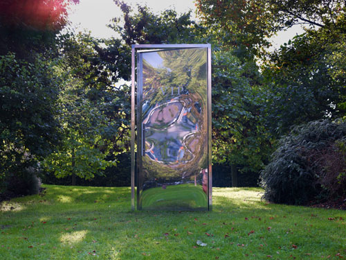 Elmgreen & Dragset. But I'm on the Guest List, Too!, 2012. Mirror polished stainless steel, 250 x 120 x 10 cm (98 3/8 x 47 1/4 x 4 in). Photograph: Stephen White.