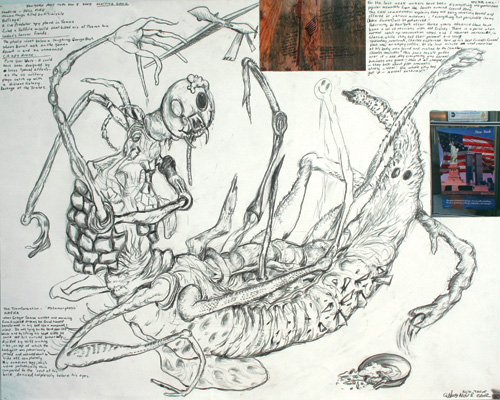 George Gittoes. The transformation - Metamorphosis - Kafka NY, 8 November 2002. Pencil and mixed media, 58.5 x 72.5 cm.