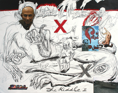 George Gittoes. The Riddle 11, 2002. Drawing: pencil and mixed media on paper, 57.5 cm x 72.5 cm. Collection of Artist.