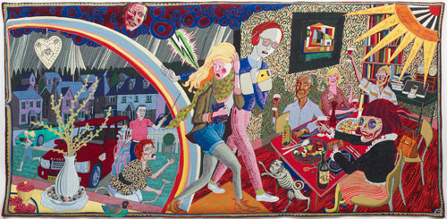 Grayson Perry. Expulsion from Number 8 Eden Close, 2012. Wool, cotton, acrylic, polyester and silk tapestry, 200 x 400 cm (78 3/4 x 157 1/2 in), edition of 6 plus 2 artist's proofs. Courtesy the Artist and Victoria Miro Gallery, London.