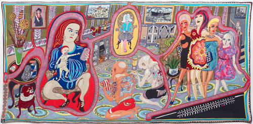 Grayson Perry. The Adoration of the Cage Fighters, 2012. Wool, cotton, acrylic, polyester and silk tapestry, 200 x 400 cm (78 3/4 x 157 1/2 in), edition of 6 plus 2 artist's proofs. Courtesy the Artist and Victoria Miro Gallery, London.