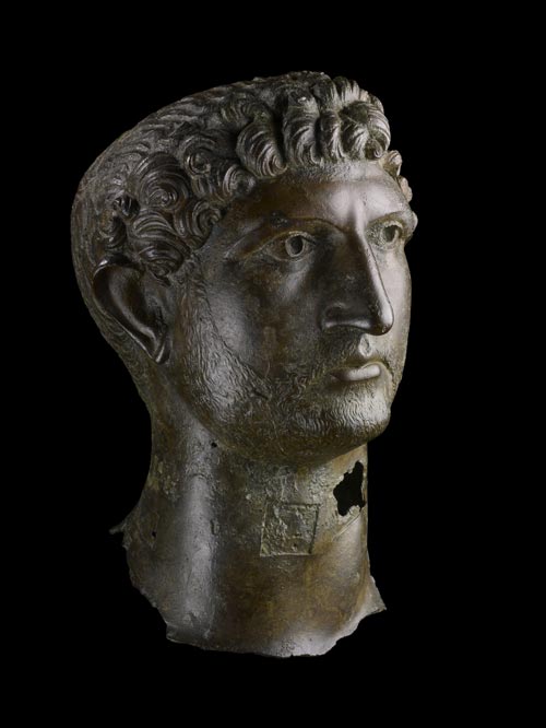 Bronze head from a statue of the emperor Hadrian, Roman Britain, AD 120–130. Found in the River Thames near London Bridge in 1834. © The Trustees of the British Museum.