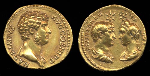 Coin with portrait of young Hadrian (facing bust of Trajan and Plotina on the reverse), after AD 128. © The Trustees of the British Museum.