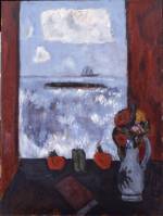 Marsden Hartley. Summer, Sea, Window, Red Curtain, 1942. Oil on masonite, 40 1/8 x 30 1/2 in (101.9 x 77.5 cm). Addison Gallery of American Art, Phillips Academy, Andover, Massachusetts, Museum Purchase.