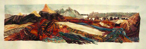 Valerie Hird. Central Asia Landscape II (with hats), 2000. Watercolour on paper, 10 1/4 x 34 3/4 in (26 x 88.3 cm). Courtesy of the artist and Nohra Haime Gallery.