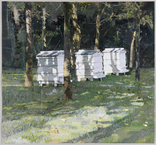 Eileen Hogan. Beehives at Little Sparta, 2013. Oil paint, charcoal and oil pastel on paper, 102 x 106 cm.