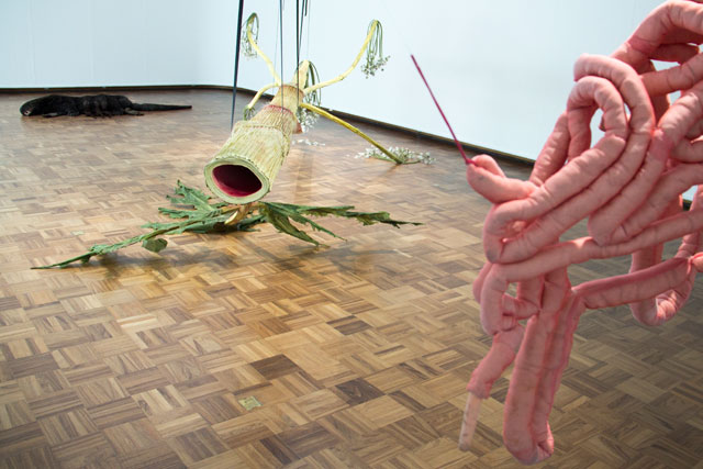 Ingela Ihrman. Installation view, (right: Intestines, 2017). Textile, rubber, cotton fibre, thread. Courtesy Cooper Gallery, DJCAD and Ingela Ihrman.