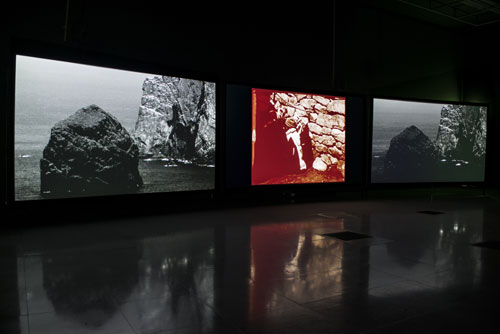 Shona Illingworth. Lesions in the Landscape, 2015. Installation view (2), FACT. Photograph: Jon Barraclough. With thanks to the Scottish Screen Archive.