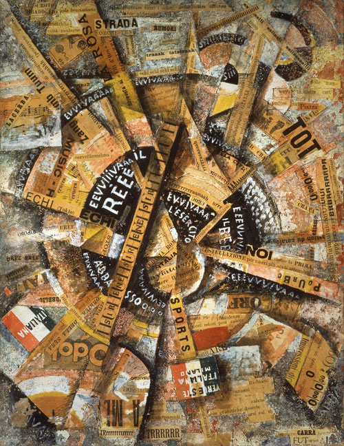 Carlo Carrà. Interventionist Demonstration (Manifestazione Interventista), 1914. Tempera, pen, mica powder, paper glued on cardboard, 38.5 x 30 cm. The Solomon R. Guggenheim Foundation, The Gianni Mattioli Collection, on extended loan to the Peggy Guggenheim Collection, Venice. © 2013 Artists Rights Society (ARS), New York / SIAE, Rome. Photograph: Courtesy Solomon R. Guggenheim Foundation, New York.