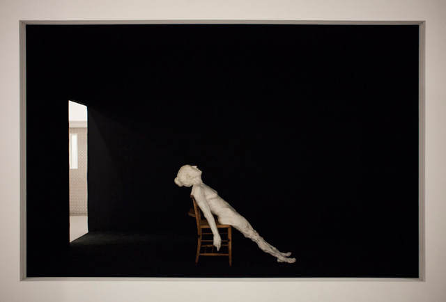 Virgile Ittah. Regarding the pain of the other, 2013. Mixed wax, marble dust, antique church chair, 450 x 260 x 380 cm.