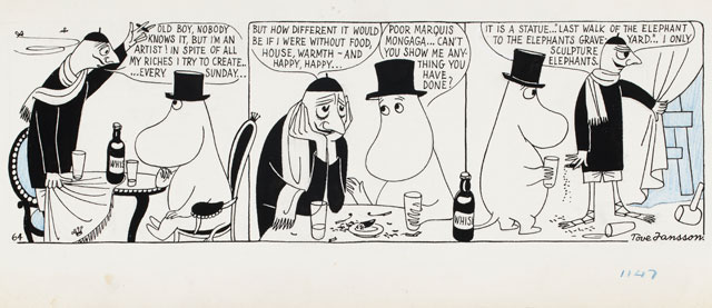 Tove Jansson. Comic strip Moomin on the Riviera, 1955. British Cartoon Archive, University of Kent. Photograph: Finnish National Gallery / Jenni Nurminen.