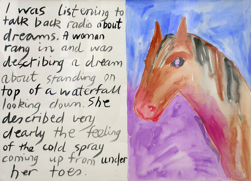 Jenny Watson. <em>I was listening to talk back radio about dreams </em>1998. Watercolour, 56 cm x 76 cm. Courtesy Transit Gallery, Mechelen, Belgium.