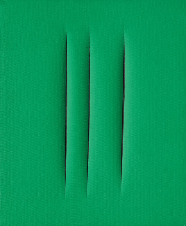 Lucio Fontana. Concetto Spaziale, Attese, 1967. Waterpaint on green canvas, 61 x 50 cm. Courtesy Mazzoleni.
