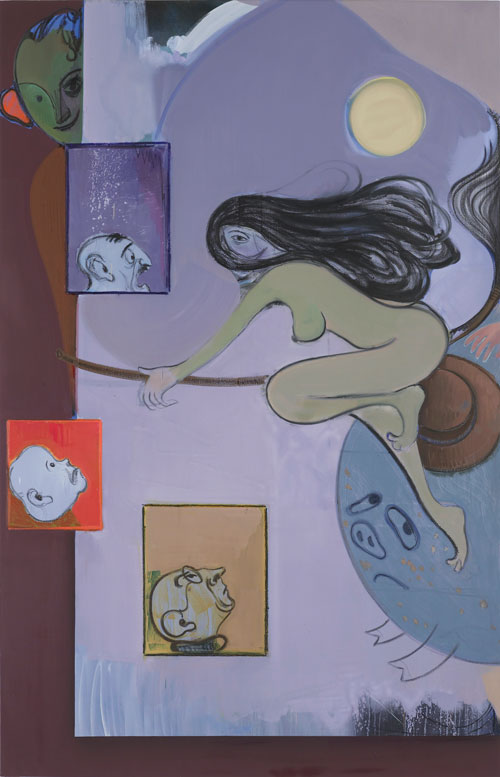 Sanya Kantarovsky. The Flight: Margarita floated out of the window, where she turned and hit the glass a gentle blow with her hammer. It shattered and cascaded in smithereens down the marble facade on to the street below. Margarita flew on to the next window, 2015. Oil, pastel, watercolour and oilstick on canvas, 180 x 280 cm. Commissioned by Studio Voltaire for How to work together a shared project with Chisenhale Gallery and The Showroom. Courtesy of the artist and Casey Kaplan, New York. Photograph: Andy Keate.