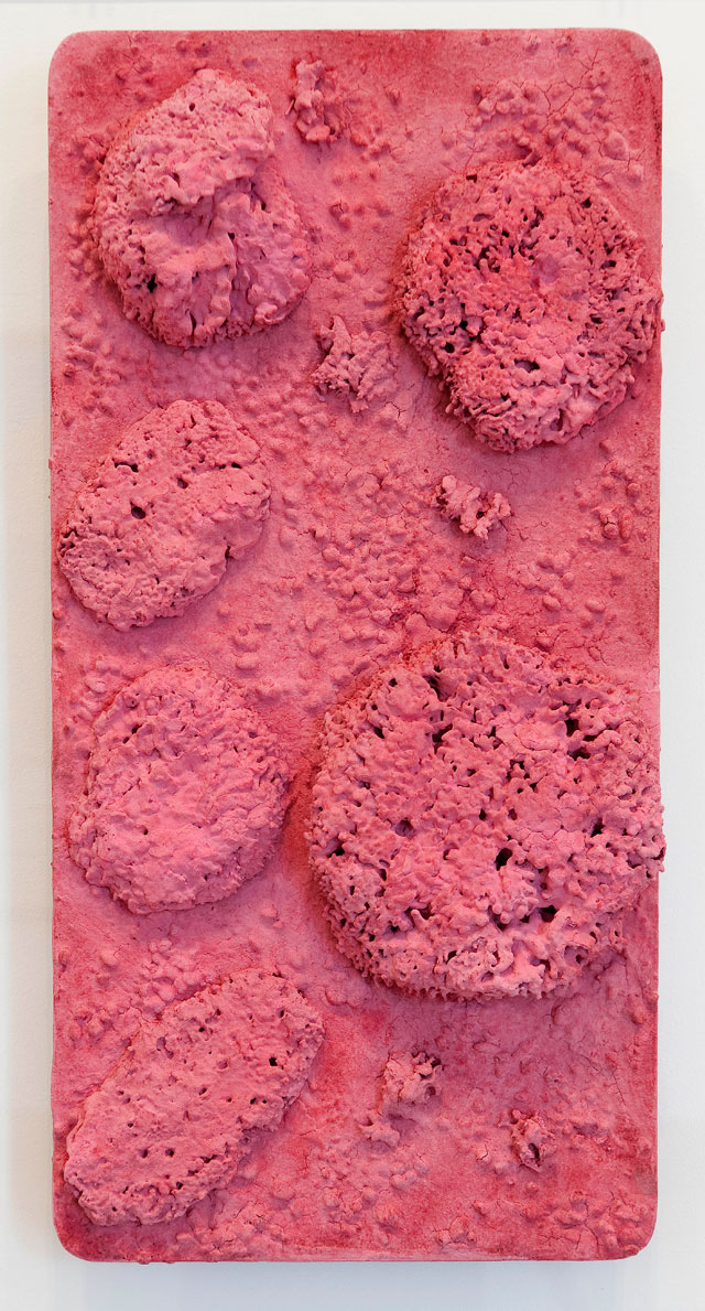Yves Klein. Untitled Pink Sponge-relief (RE 44), c1960. Dry pigment and synthetic resin, pebbles, natural sponges on panel, 65 x 32 cm. © Yves Klein, ADAGP, Paris/DACS, London, 2017. Carré d'Art-Musée d'art contemporain de Nîmes. Photograph: David Huguenin.