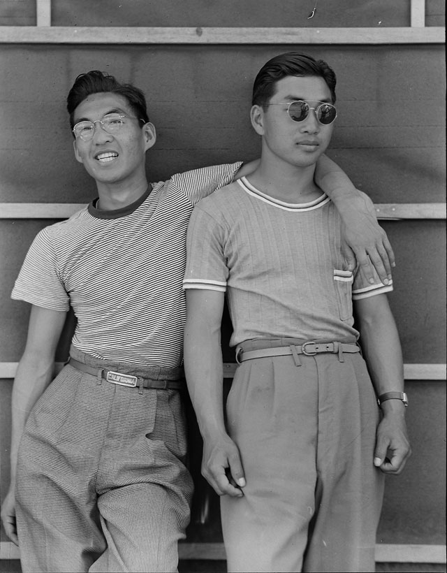 Dorothea Lange. Sacramento, California. College students of Japanese ancestry who have been evacuated from Sacramento to the Assembly Center, 1942. Courtesy National Archives.
