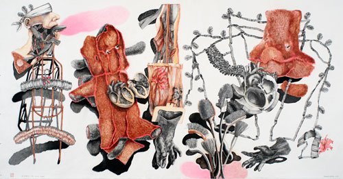 Michael Esson. <em>The Emperor's New Flying Jacket</em>, 2008. Charcoal conte and coloured pencil, 135 cm x 220 cm. © the artist.