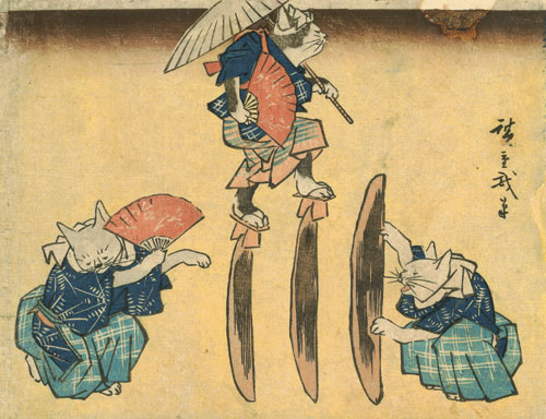 Utagawa Hiroshige (1797–1858), Cat Crossing to Eat, 1830–44. Colour woodblock print; 22 ½ x 16 in. Courtesy Hiraki Ukiyo-e Foundation.