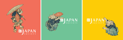 Admission stickers for the exhibition. The character cutouts are taken from Utagawa Hiroshige (1797–1858), Cat Crossing to Eat, 1830–44. Colour woodblock print, 36 7/8 x 22 3/8 in. Courtesy Hiraki Ukiyo-e Foundation.