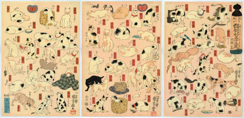 Utagawa Kuniyoshi (1797–1861), Cats Suggested by the Fifty-three Stations of the Tōkaidō, 1847. Colour woodblock print; each sheet 14 5/8 x 10 in. Courtesy Private Collection, New York.