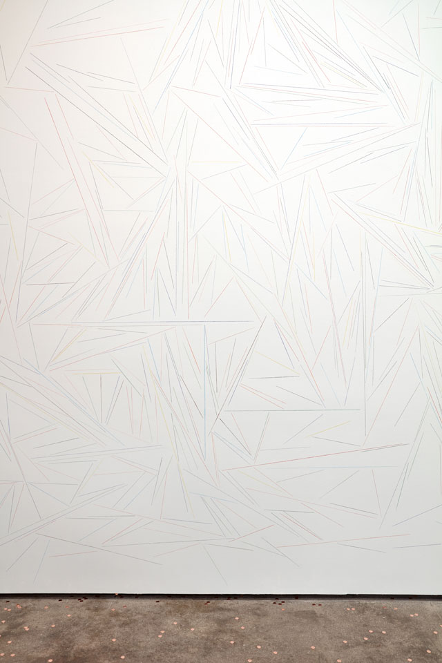 Peter Liversidge. Sean Kelly Wall Drawing, 2016. Coloured pencil, drawing instruments made of wood indigenous to the location of the drawing, size variable. © Peter Liversidge. Photograph: Jason Wyche, New York. Courtesy: Sean Kelly, New York.