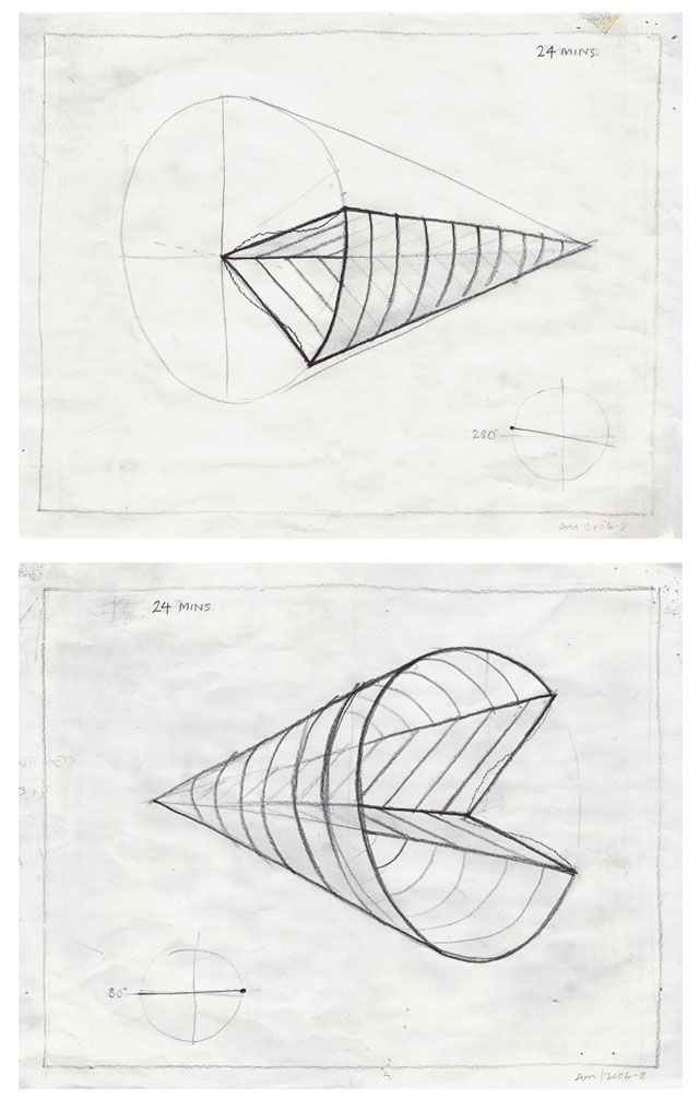 Anthony McCall. Leaving (with Two-Minute Silence), 2006/8. Pair of working drawings in a set of 24. Pencil on paper, each 28 x 35 cm.