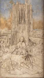 Jan van Eyck. Saint Barbara, 1437. Metalpoint, brush drawing, and oil on wood, 16 3⁄8 × 11 × 2 3⁄8 in (41.5 × 27.8 × 6 cm). Koninklijk Museum voor Schone Kunsten, Antwerp.