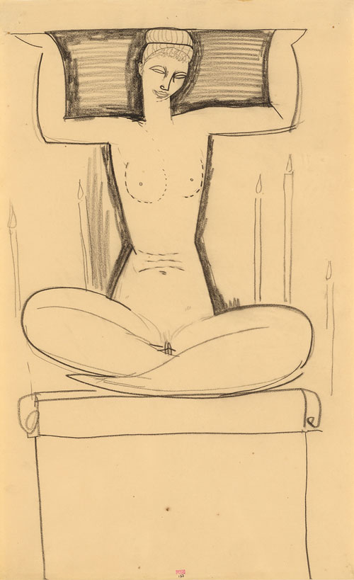 Amedeo Modigliani. Caryatid Seated on Plinth with Lighted Candles, n.d. Black crayon, 42.7 x 26 cm. Courtesy: Richard Nathanson, London.